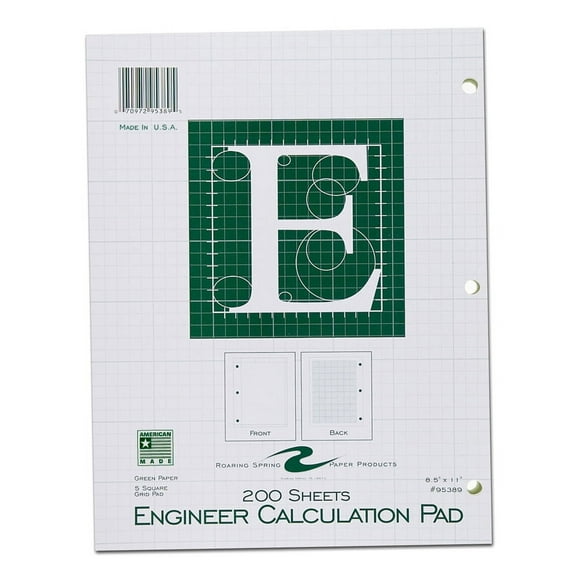 Roaring Spring Engineering Pad, 8.5" x 11", 200 Sheets 15# Green Paper, 5x5 Printed Back Enclosed Grid, Top Glued, 3-Hole Punched, Proudly A