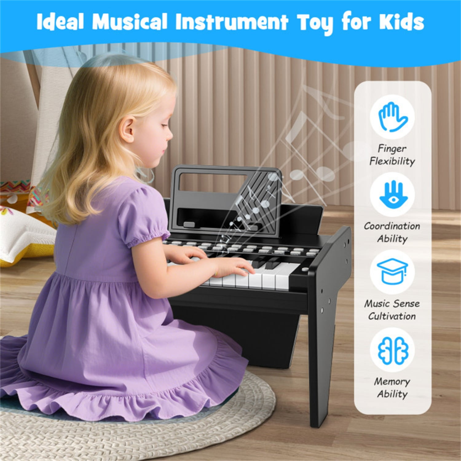25 Keys Mini Digital Piano for Kids Age 3+, Lighted Teaching Mode with 6 Tones & 15 Demo Songs-Black
