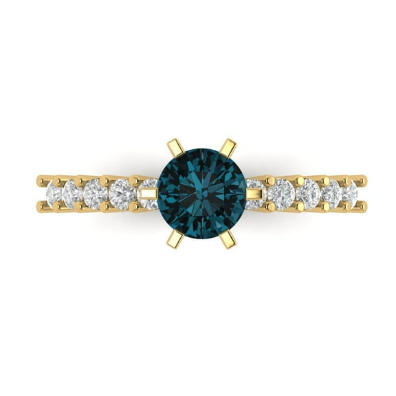 1.05ct Round Cut Blue Natural London Blue Topaz 14k Yellow Gold Engraving Statement Bridal Wedding Designer Ring Size 7.5