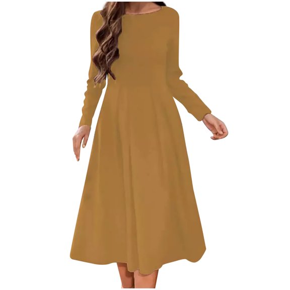 Holloyiver Women's Long SleeveRound Neck Solid Color Dresses S-2XL