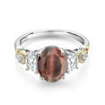 thumbnail image 2 of Gem Stone King 925 Silver and 10K Yellow Gold 3-Stone Ring Oval Red Tiger Eye and Moissanite (2.00 Cttw, Size 6), 2 of 3