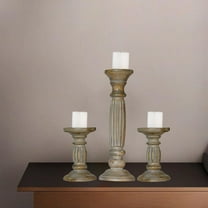 Traditional Gray Wash Eco-friendly Handmade Mango Wood Set Of Three 6",15" & 6" Pillar Candle Holder for use, Living Room, Dinning Room, Study Room, Spa, Restaurants, Place Of Worship, etc