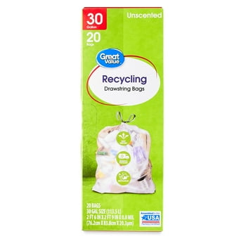 Great Value Clear 30-Gallon Drawstring Large Recycling Bags, Unscented, 20 Count