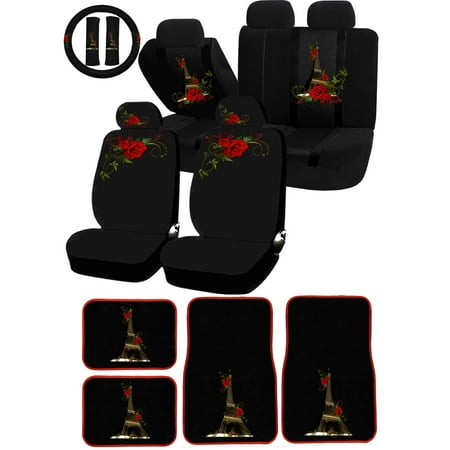 26PC Paris in Love Eiffel Tower Red Flower Universal Seat Covers & Carpet Floor Mat Set Car Truck SUV