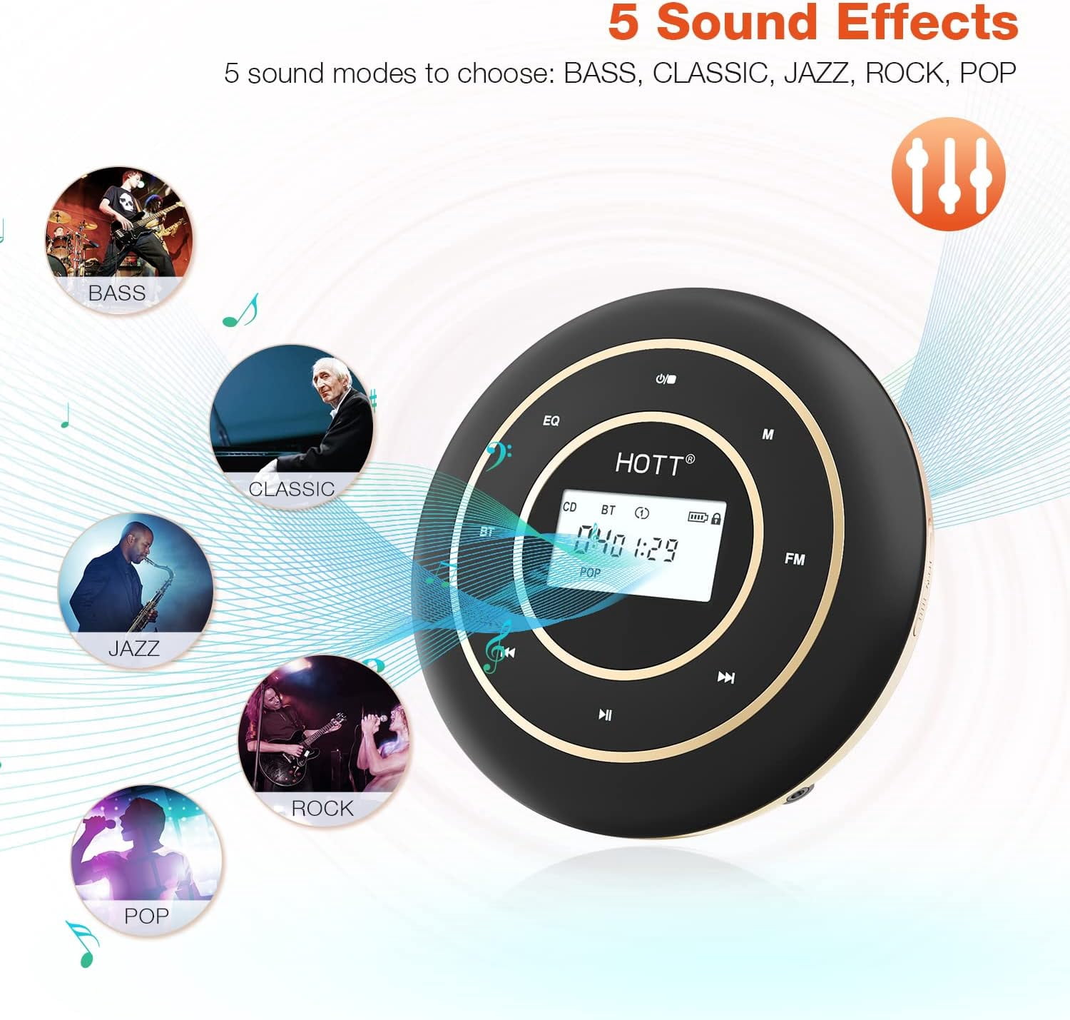 C105 Portable CD Player FM Transmitter Rechargeable Compact CD Player with Touch Buttons Backlit Display Black