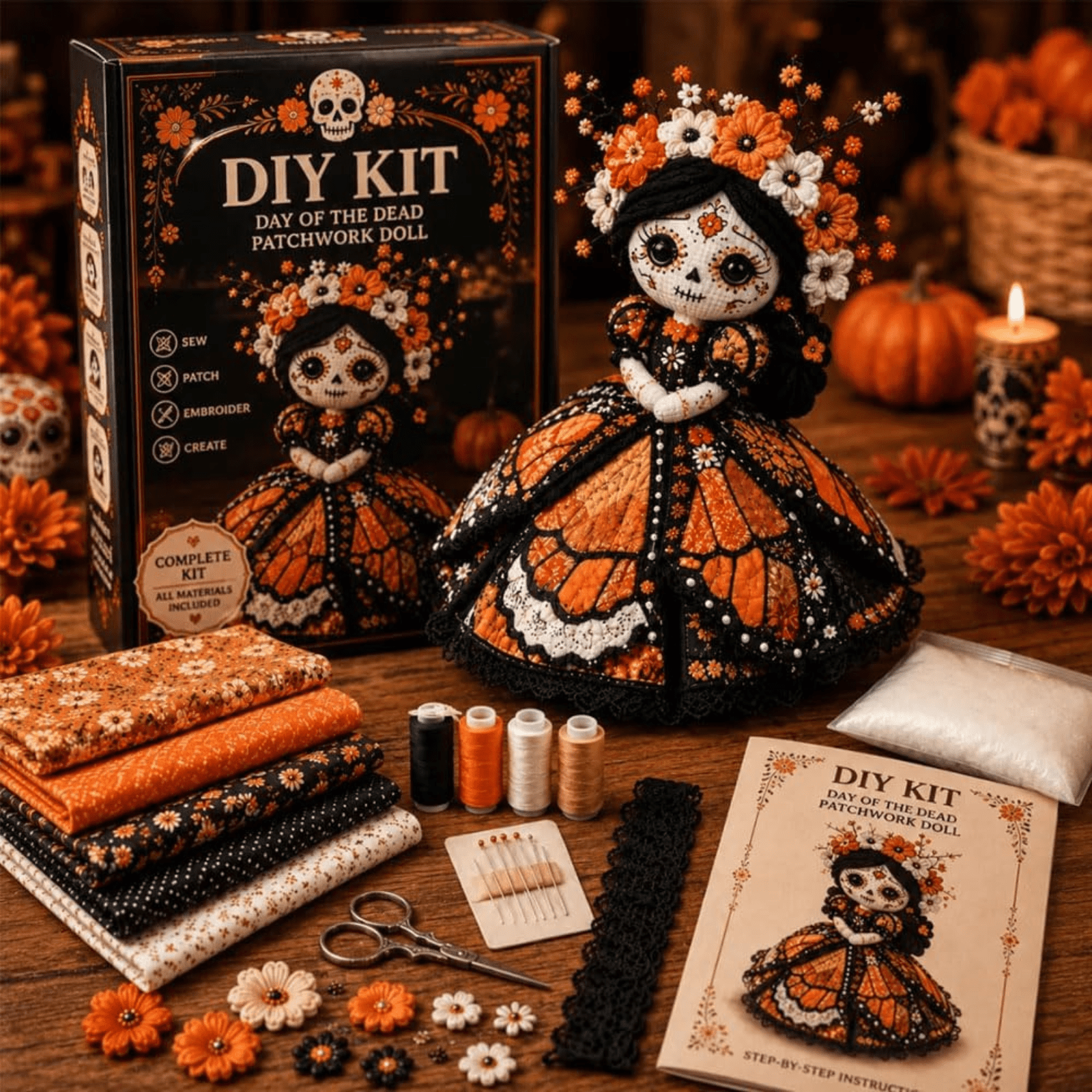 Day of the Dead Patchwork Doll DIY Sewing Kit – Handmade Fabric Doll Craft Kit with Floral Details Halloween Sugar Skull Sewing Craft Kits for Craft Lovers and Dolls Collectors D