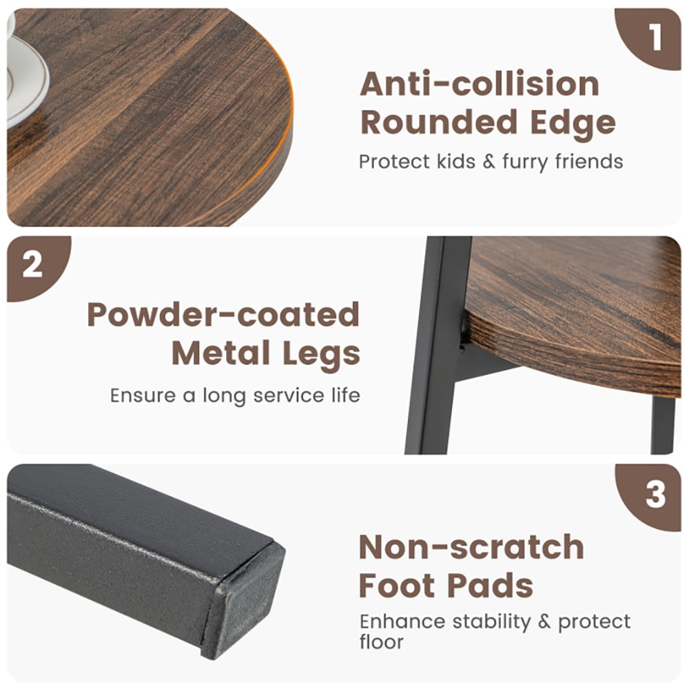 Finihen End Table, 2-Tier Round End Table with Open Shelf and Triangular Metal Frame, Sofa Side Table, Bed Side Table, for Living Room, Bedroom, Brown Finihen End Table, 2-Tier Round End Table with Open Shelf and Triangular Metal Frame, Sofa Side Table, Bed Side Table, for Living Room, Bedroom, Brown