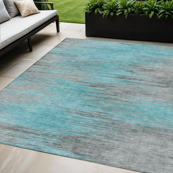5' X 8' Teal Blue Charcoal And Gray Abstract Washable Indoor Outdoor Area Rug