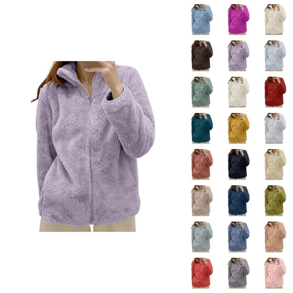 Women's Solid Color Fleece Jacket Collar Zip Up Cozy Outerwear