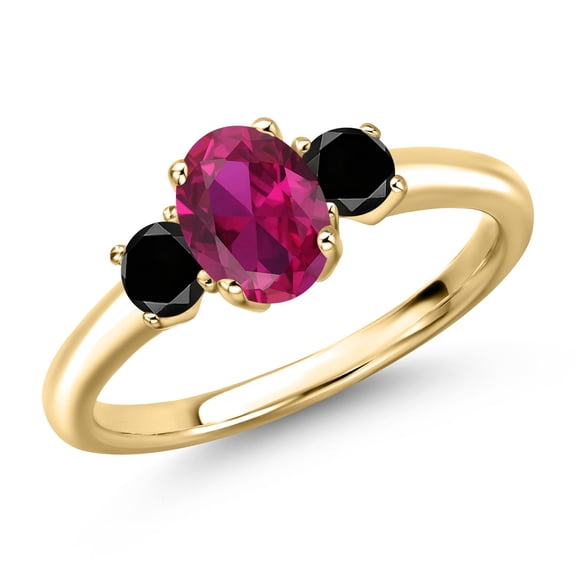 Gem Stone King 10K Yellow Gold Red Created Ruby and Black Diamond Engagement Ring for Women | 1.19 Cttw | Oval 7X5MM | Gemstone July Birthstone | Size 7