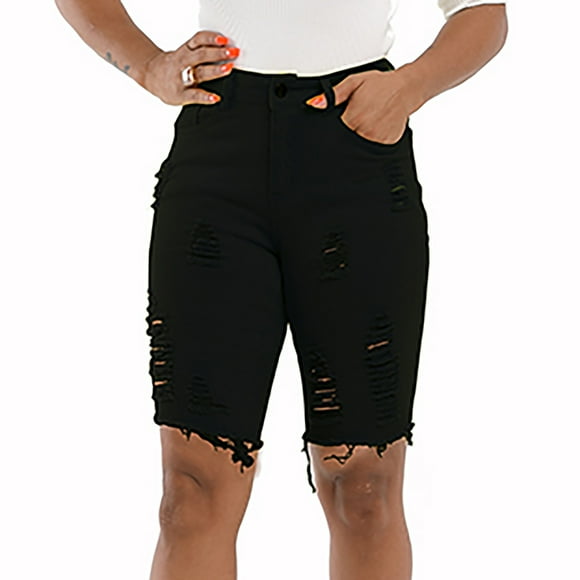 LOVZFMLL Women Casual Summer Jeans Candy Color Hole Large Jeans Shorts Black L