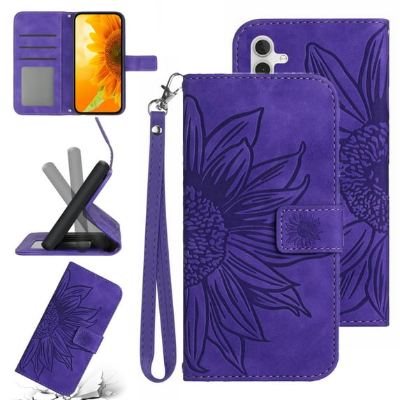 Feishell Slim Wallet Case for Samsung Galaxy A13 5G,for Men Women,Sunflower Embossed Pattern PU Leather Flip Cover Magnetic Closure Folio Card Slots Kickstand Phone Case with Hand Strap,Darkpurple