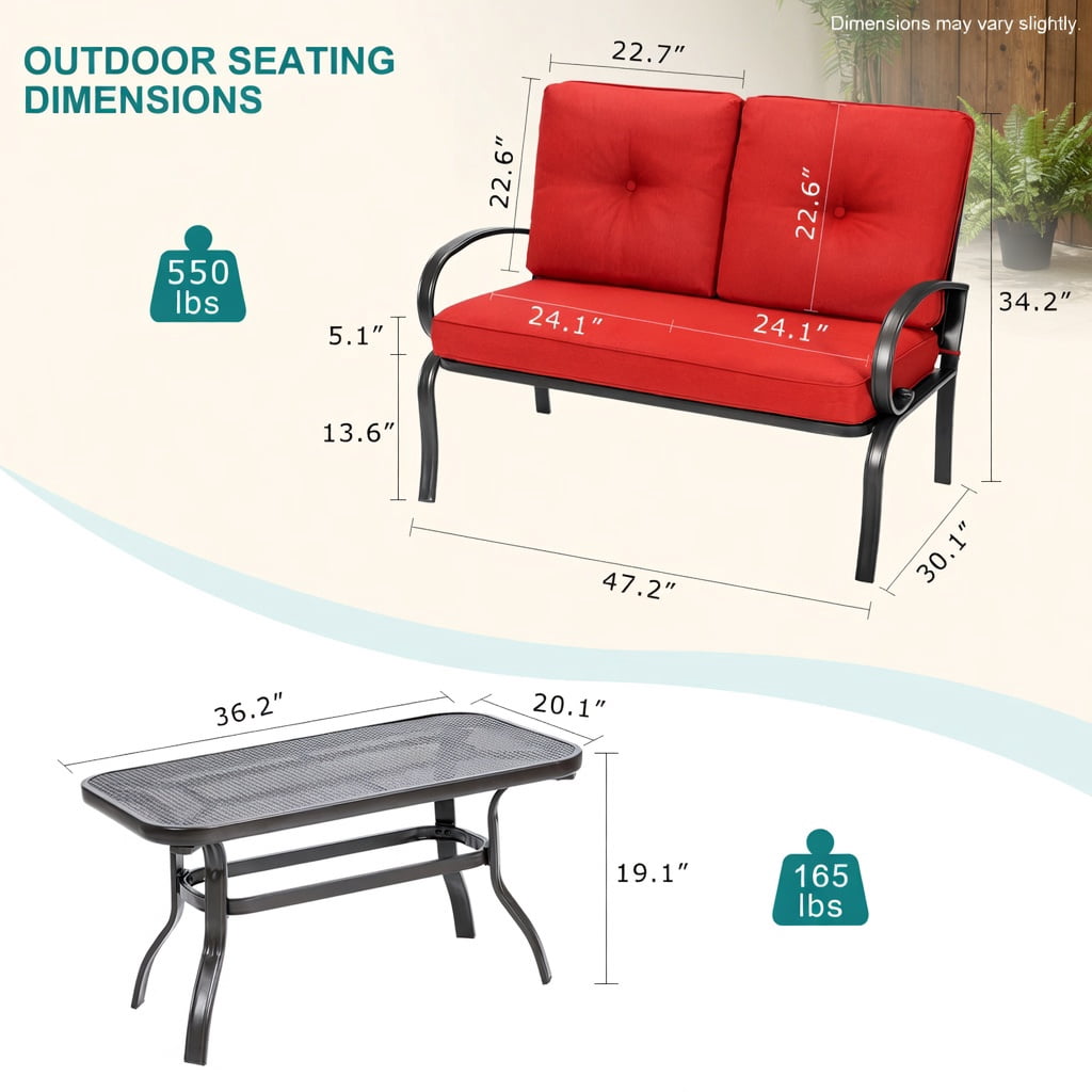 Hommoo 2-Piece Outdoor Patio Furniture Set, Cushioned Steel Loveseat & Coffee Table, 4" Thick Cushions, Easy Assembly, Red