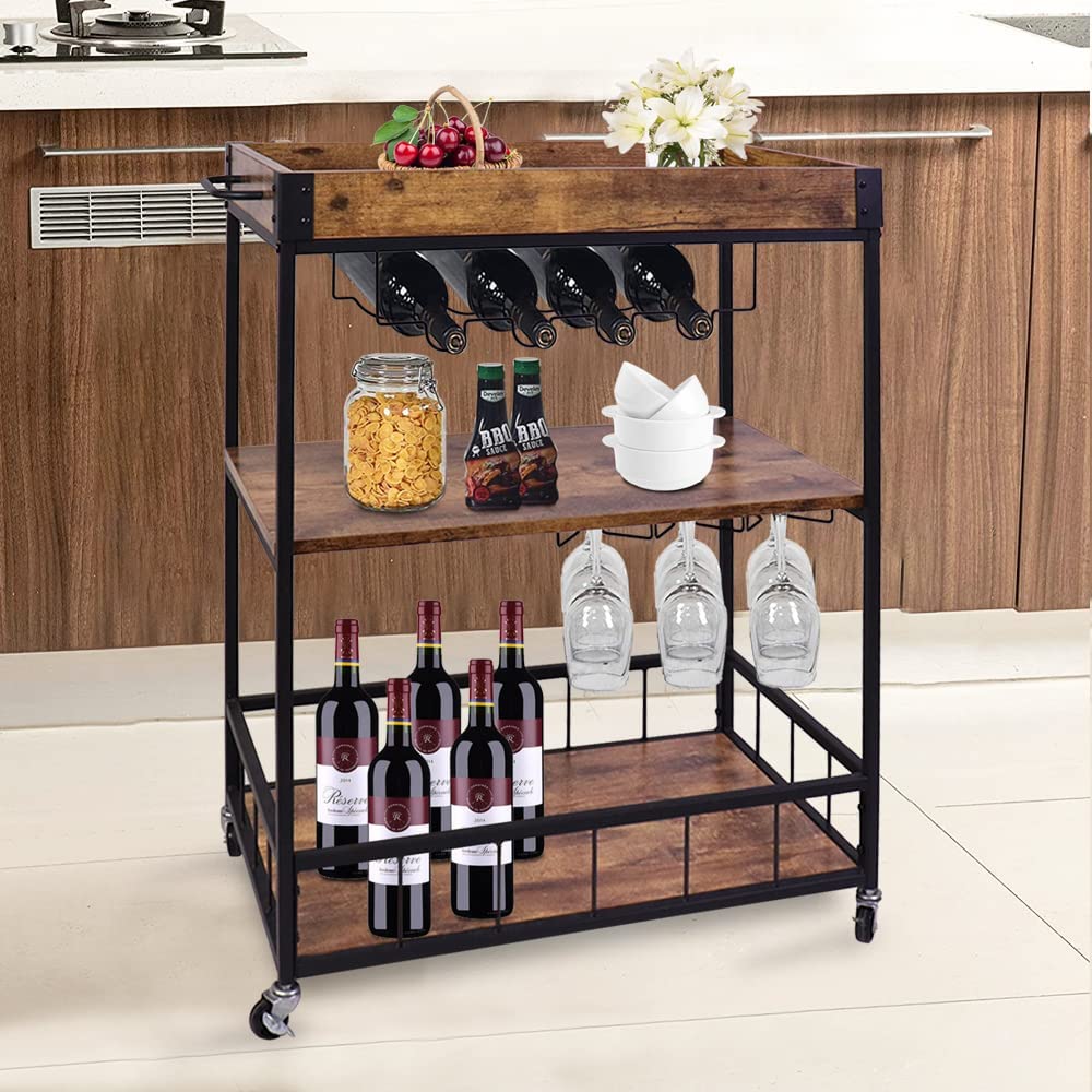 Bar Serving Cart 3Tier Rustic Mobile Kitchen Serving cart,Movable Tray