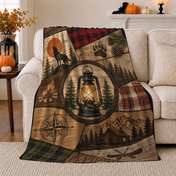Rustic Camping Lantern Wolf Patchwork Wilderness Woodsman, Peaceful Celestial Art Scene, Warm Flannel Blanket for Cabin and Lodge, Animal Lovers person's Day Gift, Artistic Home Decor