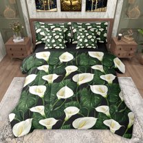 jejeloiu Modern Minimalist Style 7-Piece Bedding Comforter Set,Green Monstera White Lily King Bedding Sets For Kids Reversible