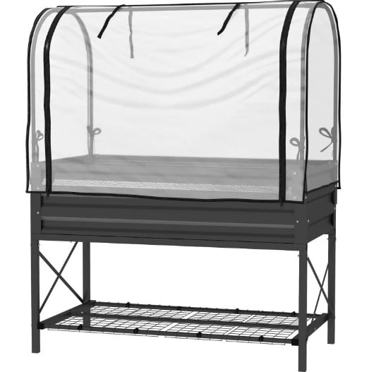Elevated Planter Box, Metal Raised Garden Bed with Legs and Cover, with Bottom Shelf and Liner for Vegetables