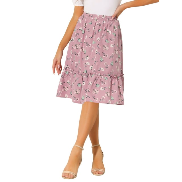 Unique Bargains Women's Ruffle Hem Flowy Tiered A-Line Floral Midi Skirt, Dusty Pink, L