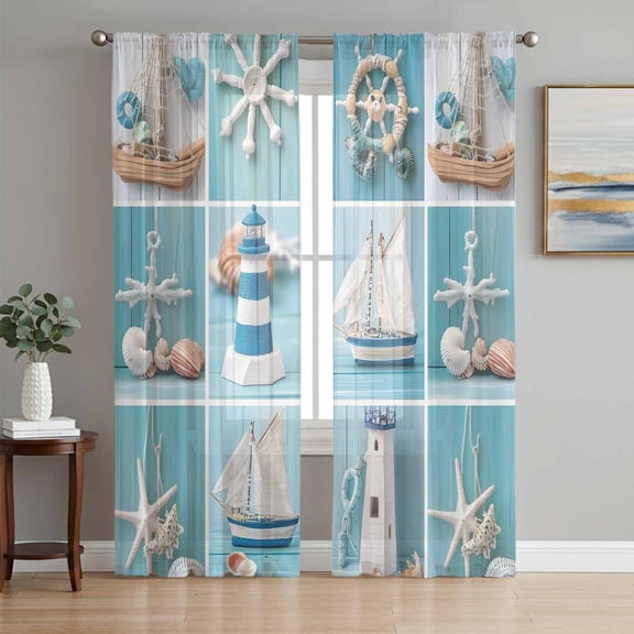 Coastal Ocean Sheer Curtains 84 Inch Length 2 Panels Set, Nautical Lighthouse Blue Wooden Voile Window Treatment Rod Pocket Curtains Sheers Drapes for Bedroom/Living Room/Kitchen 52"x84"x2