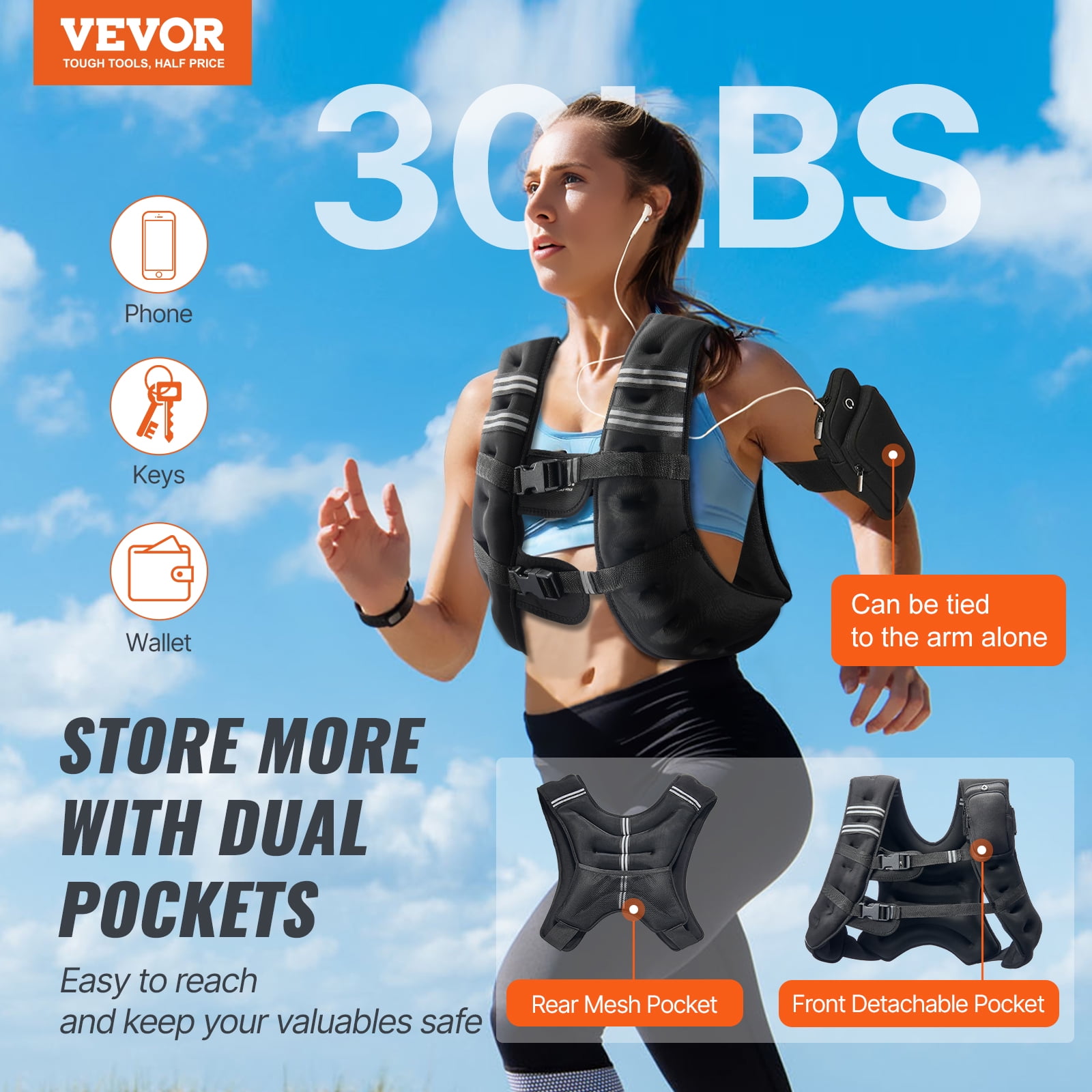 VEVOR Weighted Vest, 30 lbs Weight Vest with Reflective Stripe, Adjustable Buckle Body Weight Vest for Men Women, Workout Equipment for Strength Training, Running, Jogging, Fitness