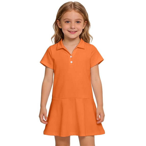 HAJWOH Girls Short Sleeve Summer Polo Shirt Dress Kids Casual Pleated School Uniform Polo Dresses Orange 6-7 Years