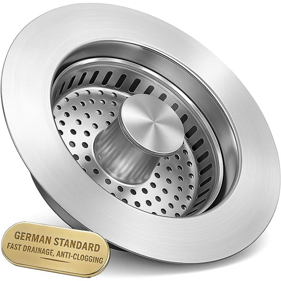 Upgraded 3-in-1 Kitchen Sink Drain Strainer with Solid Brass Core, -Drain Pop-Up Sink Stopper, 304 Stainless Steel, Removable Anti-Clog Basket, for Standard 3-1/2'' Drains