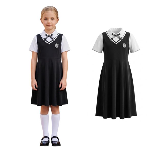 XINXIAOO Girls V Neck School Uniform Dress Short Sleeve A Line Midi Student Outfit Soft Fabric For Classroom Graduation Daily Attire for Little Girls