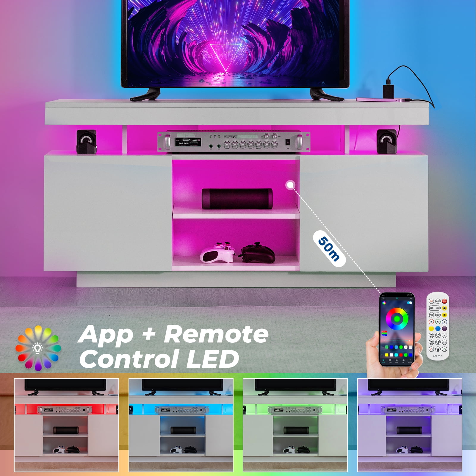 Hommpa TV Stand for TVs up to 55" with LED Lights & Power Outlets Modern Gaming Entertainment Center High Gloss Media Console TV Cabinet White