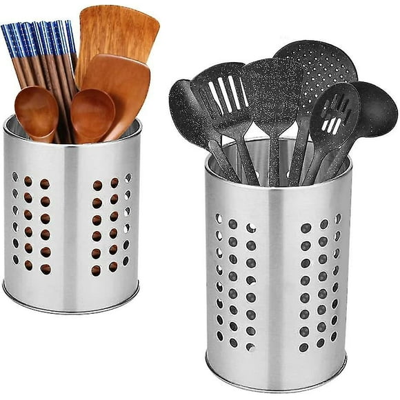 Juego de 2 soportes para utensilios de cocina, cesta organizadora de cubiertos de acero inoxidable, color plateado