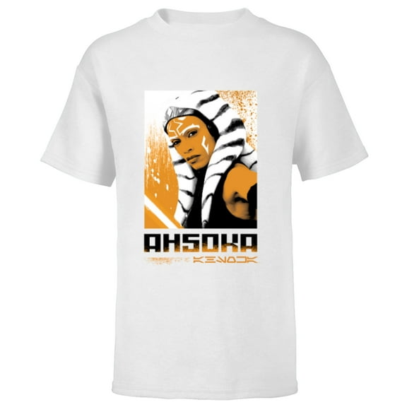 Star Wars Ahsoka Face and Name in Aurebesh Disney  Series - Short Sleeve T-Shirt for Kids - Customized-White
