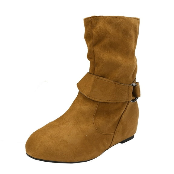 Guttear Women's Mid Calf Boots Fashion Slouchy Ruched Suede Round Toe Slip on Flats Ankle Booties Casual Winter