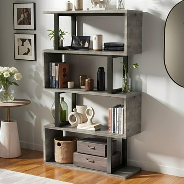 Dextrus 5 Tier Bookcase, S shape Geometric Bookshelf Wood Z-Shelf Modern Free Standing Bookshelf Storage Organizer for Living Room Bedroom Home Office, Gray Wash