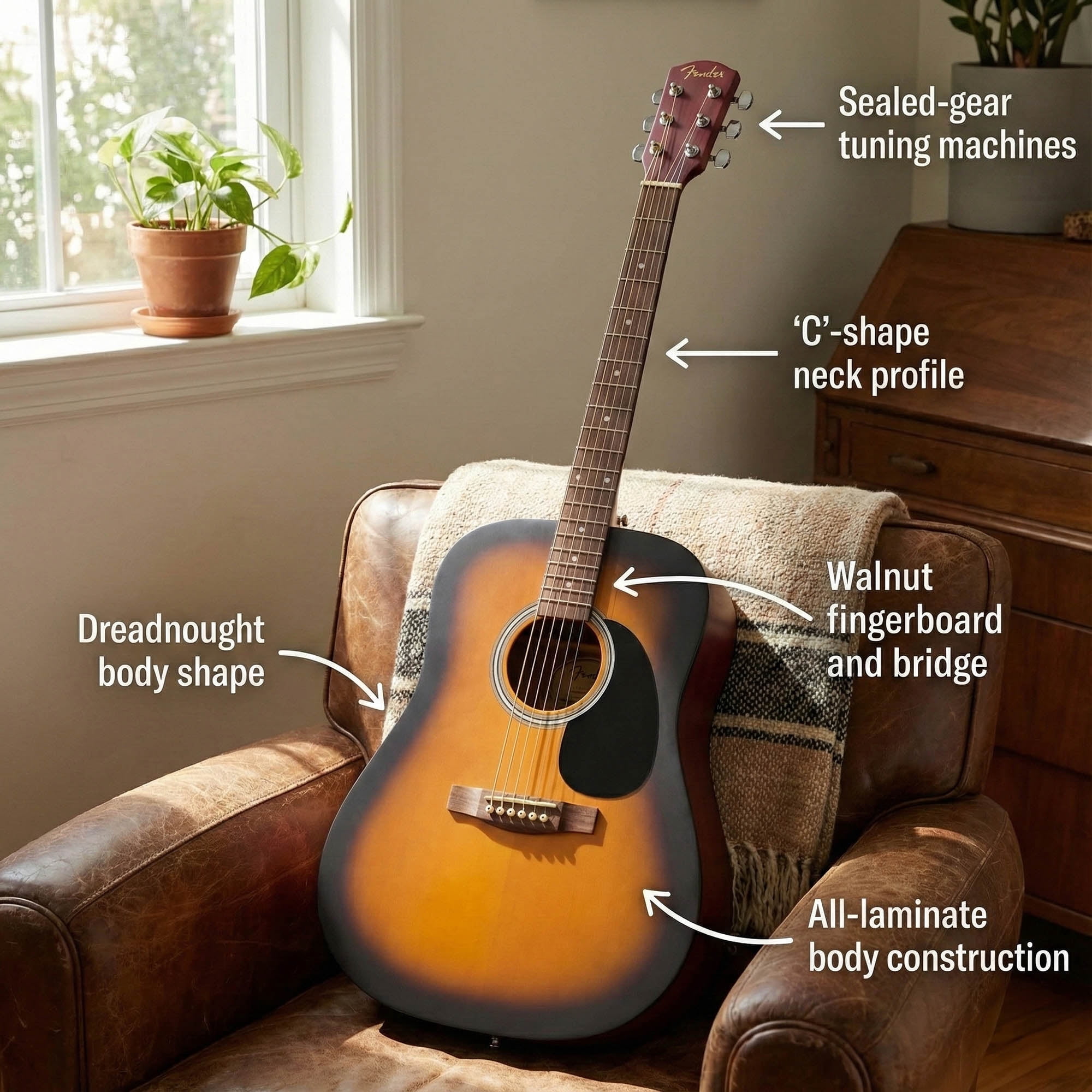 Fender FA Series Dreadnought Acoustic Guitar - 2-Color Sunburst w/ Gig Bag