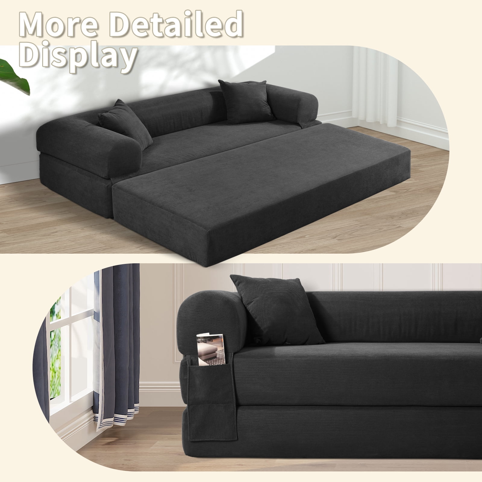 3 in 1 Convertible Sofa Bed, 80" Corduroy Folding Pull Out Couch with 2 Pillows, Floor Sofa with Side Storage for Living Room, No Assembly Modern Boneless Couch Compression Sofa, 35.4"W