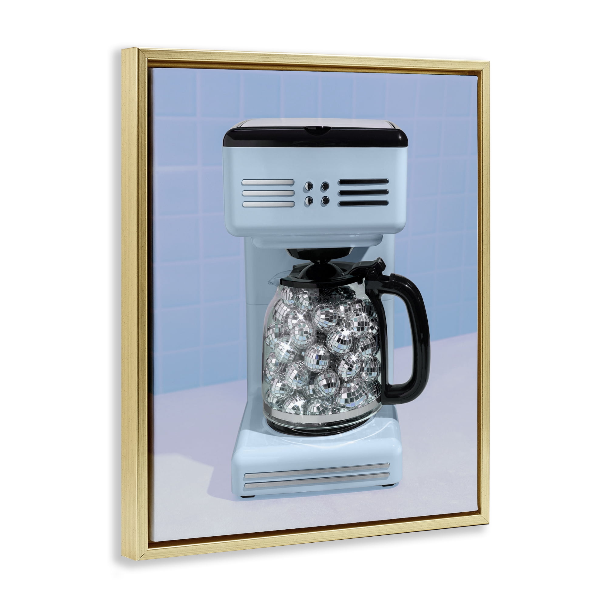 Stupell Industries Disco Coffee Maker over Blue Gold Framed Floater Canvas Wall Art, design by LISH Creative