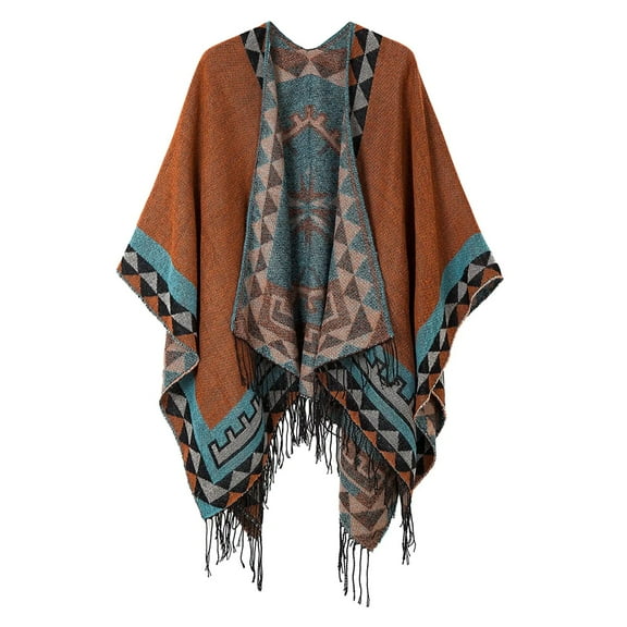Nvzi Women's Printed Tassel Poncho Cape Wrap Shawl, Knitted Large Poncho Cardigan-Red