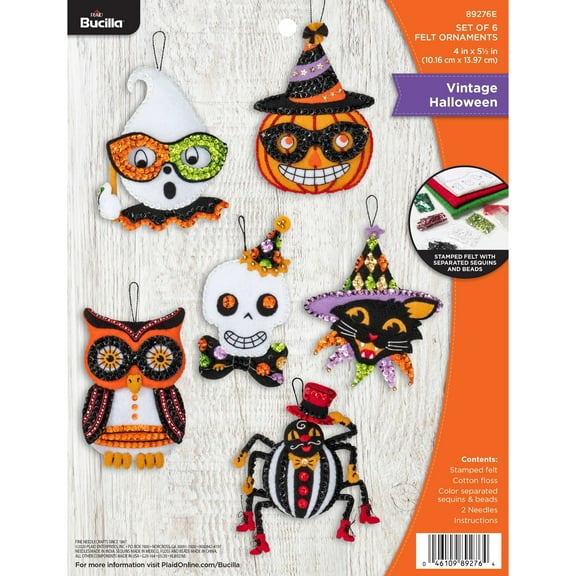 Bucilla Felt Applique DIY Holiday Ornament Kit, Vintage Halloween, Set of 6