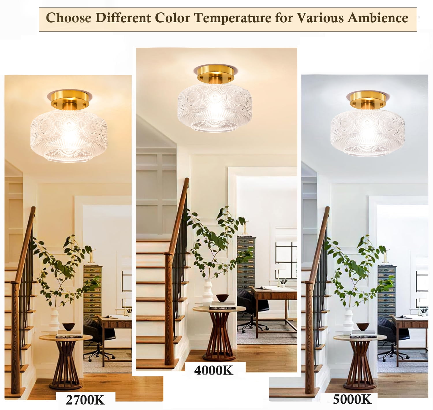Semi Flush Mount Ceiling Light Fixture,Glass Ceiling Light,Gold Light Fixture Ceiling Mount,Vintage Ceiling Light for Hallway Bedroom Kitchen Entryway Living Room