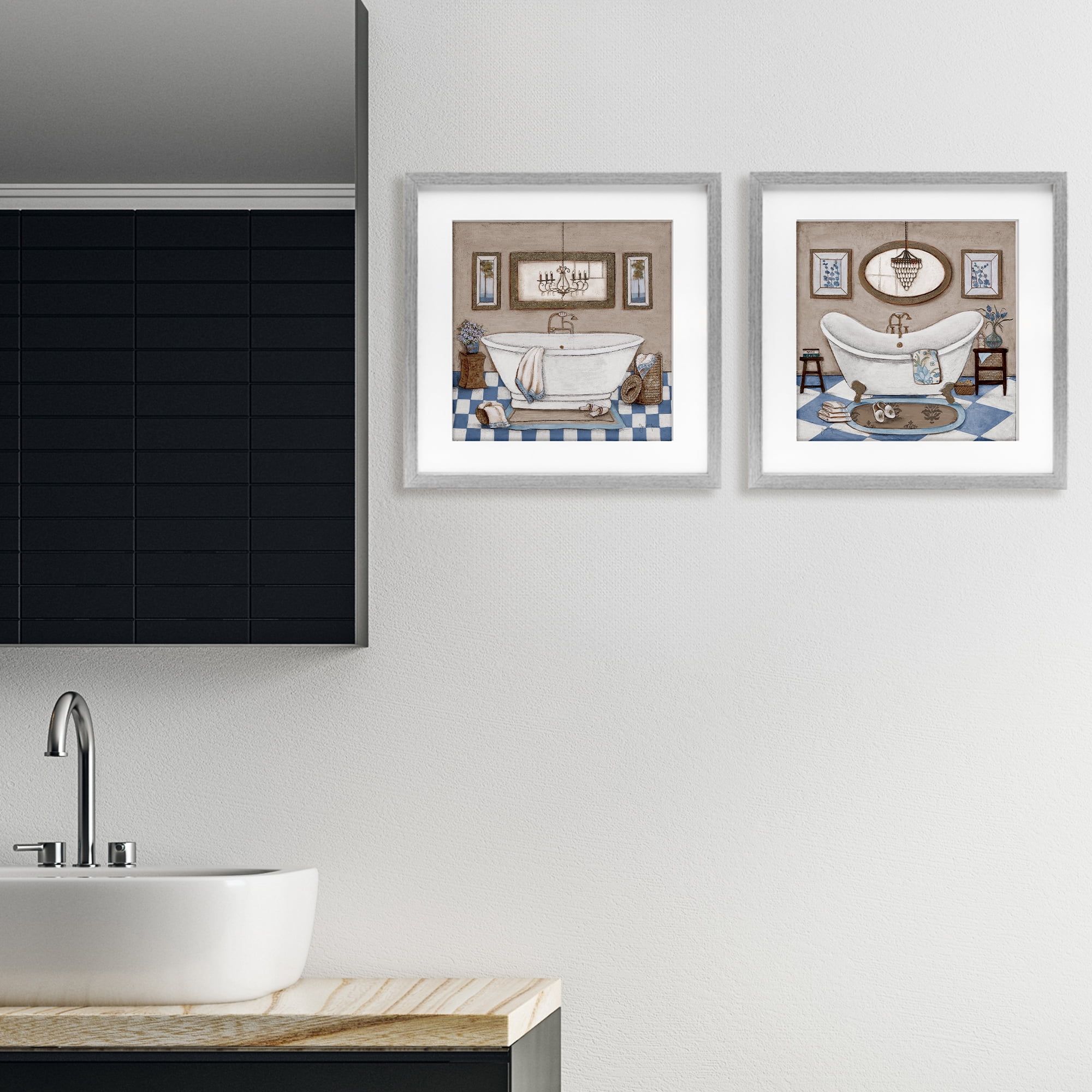 Stupell Industries Tiled Bathroom Views 2 Piece Gray Framed Print Under Glass Set, design by Janet Tava