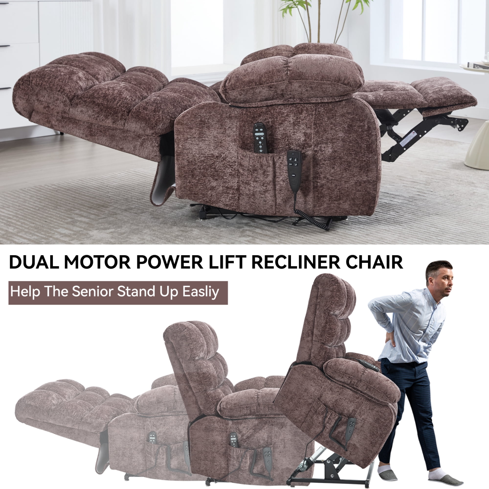 Leumius Large Power Lift Recliner Chair for Elderly,Heavy Duty Chenille Recliners with Massage and Heating for Living Room,Brown