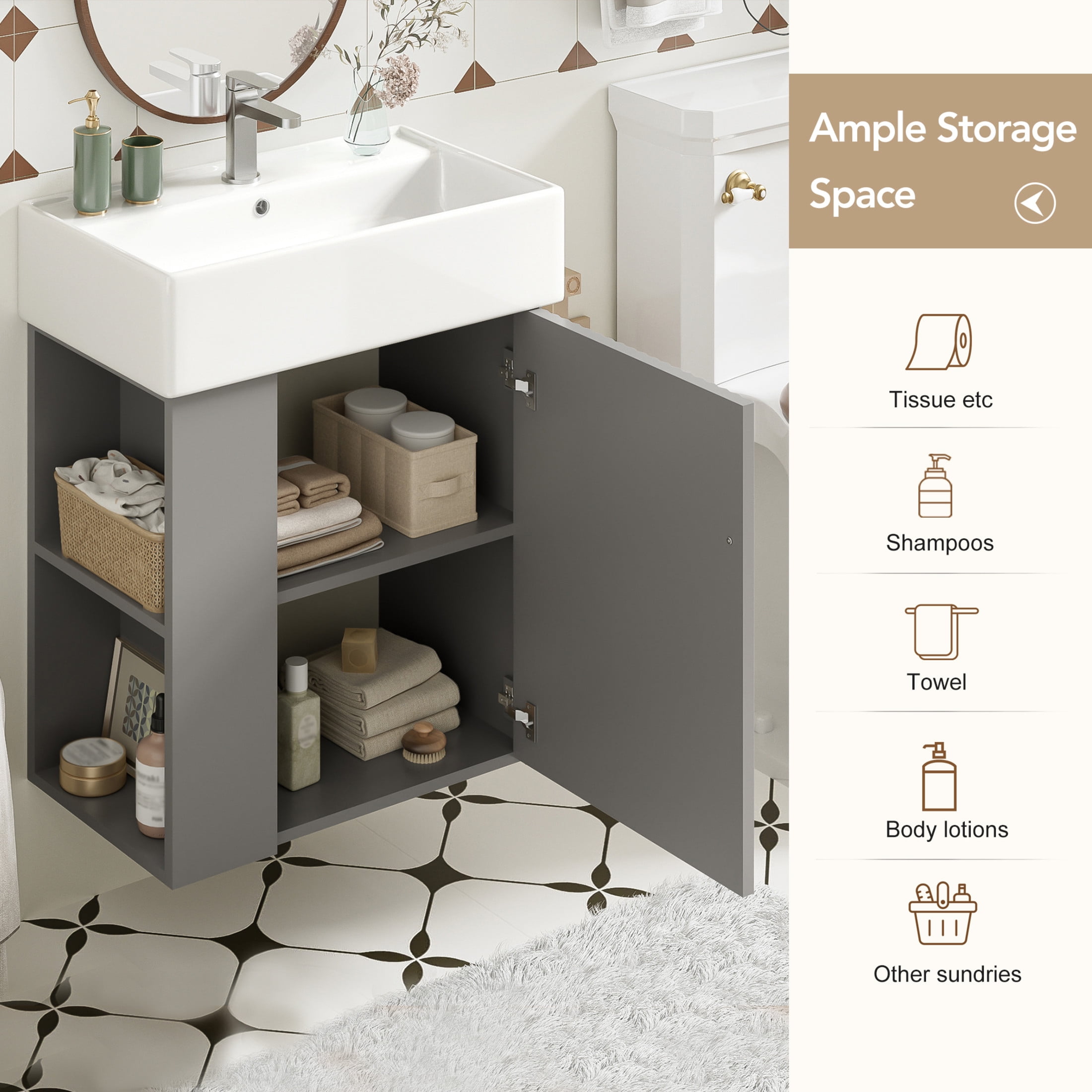 Noble House 21.6" Floating Bathroom Vanity with Ceramic Sink, Left Side Storage, Wave Door & Black Handle, Gray