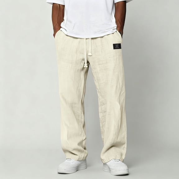 Domuza Pants for Men Casual Loose Hemp Drawstring Elastic Waist Trousers Lightweight Wide Leg Linen Pant with Pocket Khaki 3XL