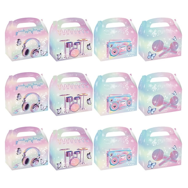 KAKOWELY 12 cajas de recuerdos para fiestas con temática musical: cajas de dulces con diseños de tambores y notas para decoraciones de cumpleaños, bodas y fiestas de los 80.