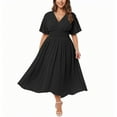 thumbnail image 1 of KIHOUT Robes pour Femmes Grande Taille Décontractée Couleur Unie Col en V Taille Manches Courtes Robe Midi Fluide, 1 of 4