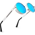 thumbnail image 1 of Lente azul con montura plateada: gafas de sol polarizadas redondas para hombres y mujeres inspiradas en el estilo retro Steampunk en un círculo metálico, 1 of 4