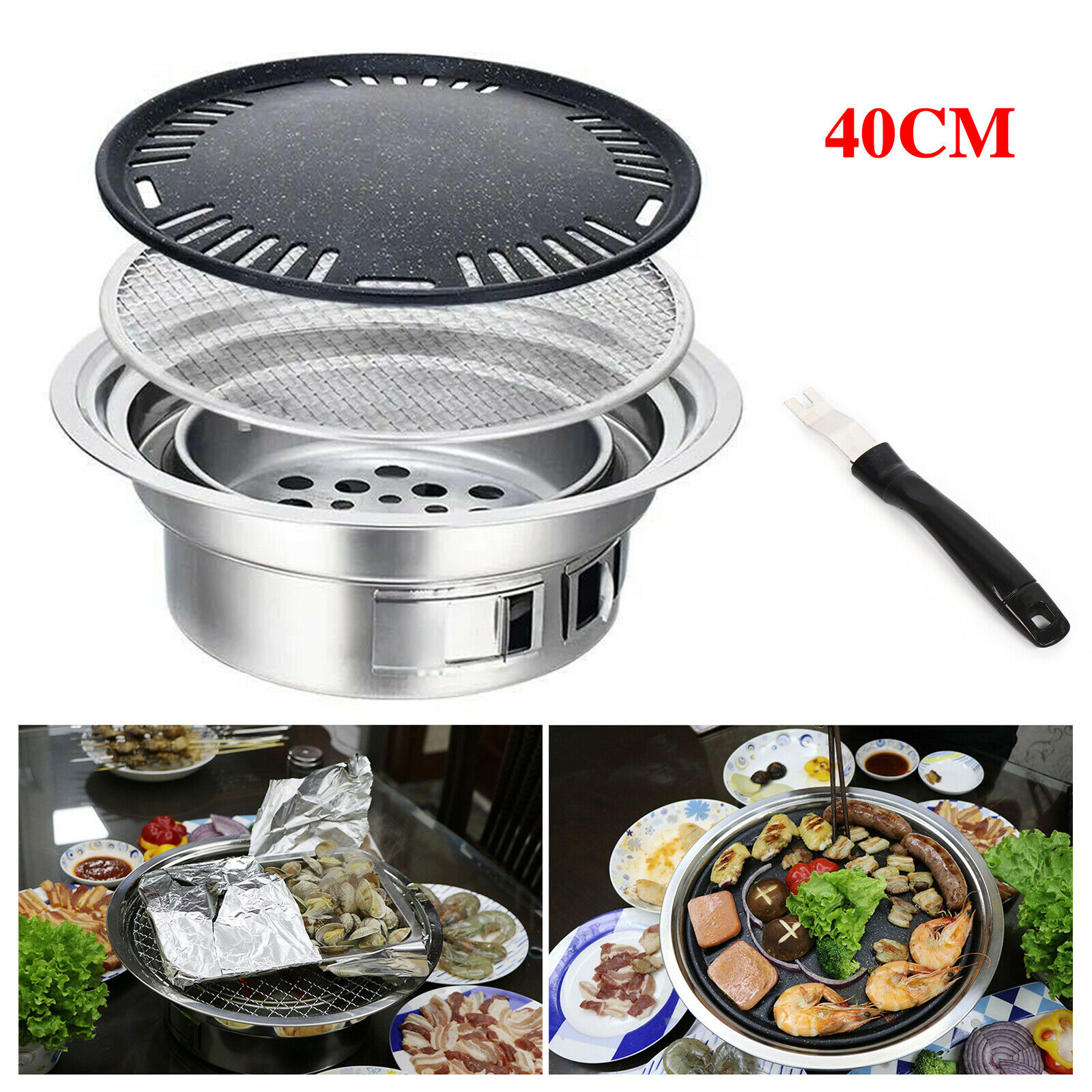 Portable Table Grill, Korean Style BBQ Grill Stainless Steel BBQ Grill Stove Outdoor Camping Cooker Charcoal Grill BBQ Round Barbecue Grill Indoor&Outdoor Grill BBQ - image 2 of 9