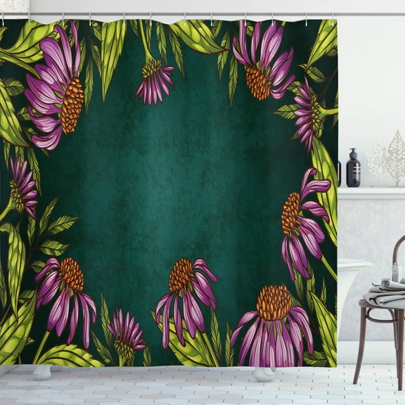 Coneflower Shower Curtain, Ornamental Digitally Generated Print of Vintage Style Flowers, Fabric Bathroom Set with Hooks, 69W X 70L Inches, Pale Fuchsia and Dark Teal, by Ambesonne
