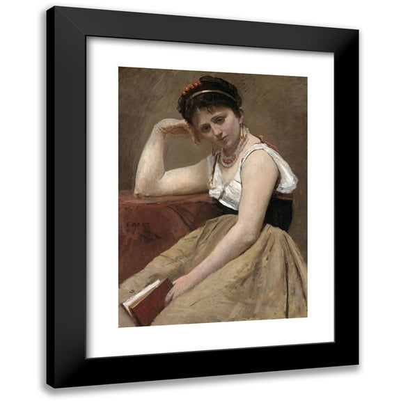 Jean-Baptiste-Camille Corot 11x14 Black Modern Framed Museum Art Print Titled - Interrupted Reading (C. 1870)