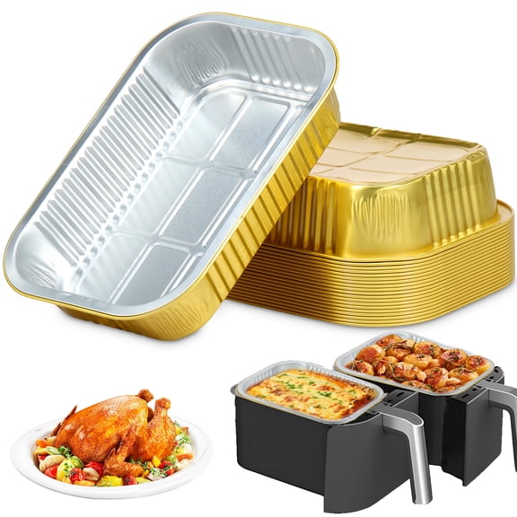Ihvewuo 20pcs Aluminum Foil Trays 1050ml Non-Stick Aluminum Foil Baking Pans Food Grade Containers Waterproof Foil Baking Pans for Double Basket Air Fryer Oven Cooking Baking 22x15x4.5cm (Gold)