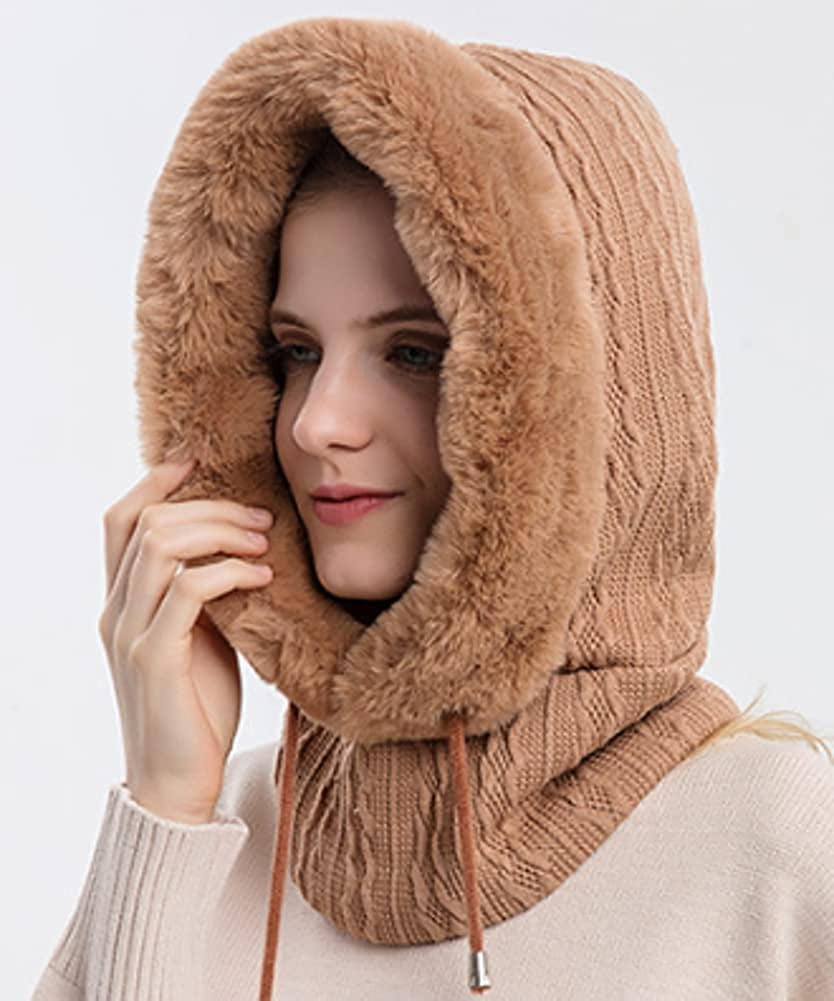 CoCopeaunts Women Winter Fleece Beanie Hat One-Piece Drawstring Knit Beanie Hats Scarf Mask Ski Snow Skull Hat Cap